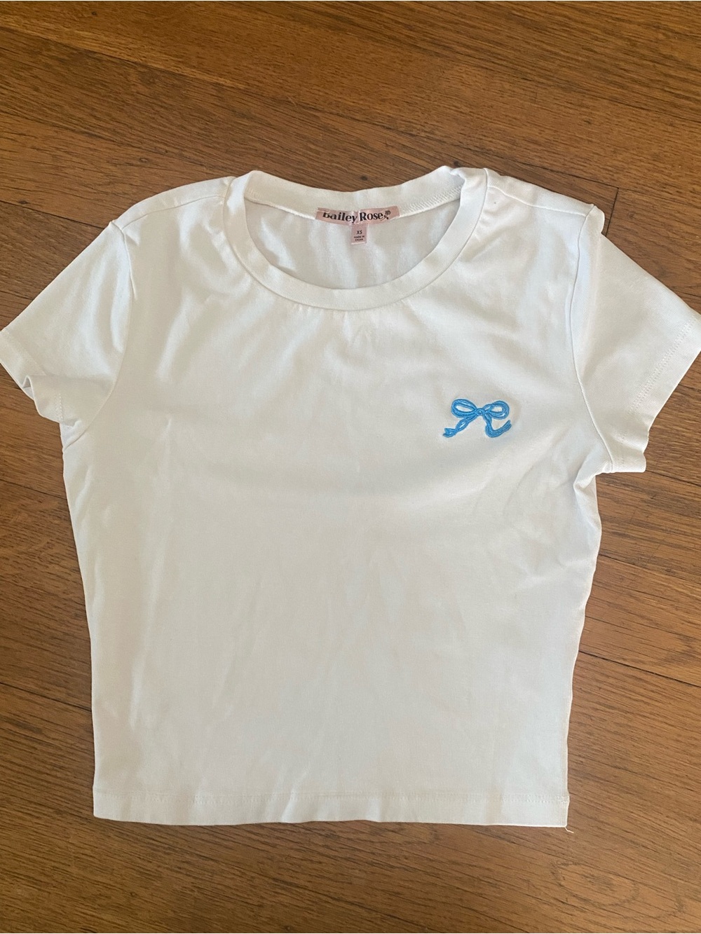 Edikted store White stretchy Short Sleeve top with Blue Bow Embroidery